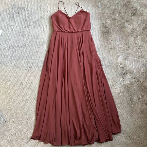 Jenny Yoo Inesse Thin Strap V Neck Long Chiffon Gown Cinnamon Rose - Picture 2 of 11